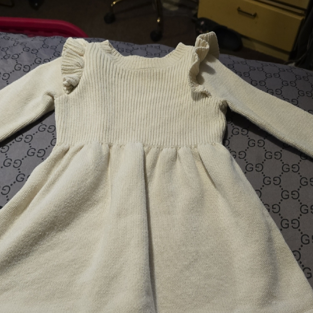 Cat & Jack Cream Ribbed Buttoned A-Line Sweater Dress